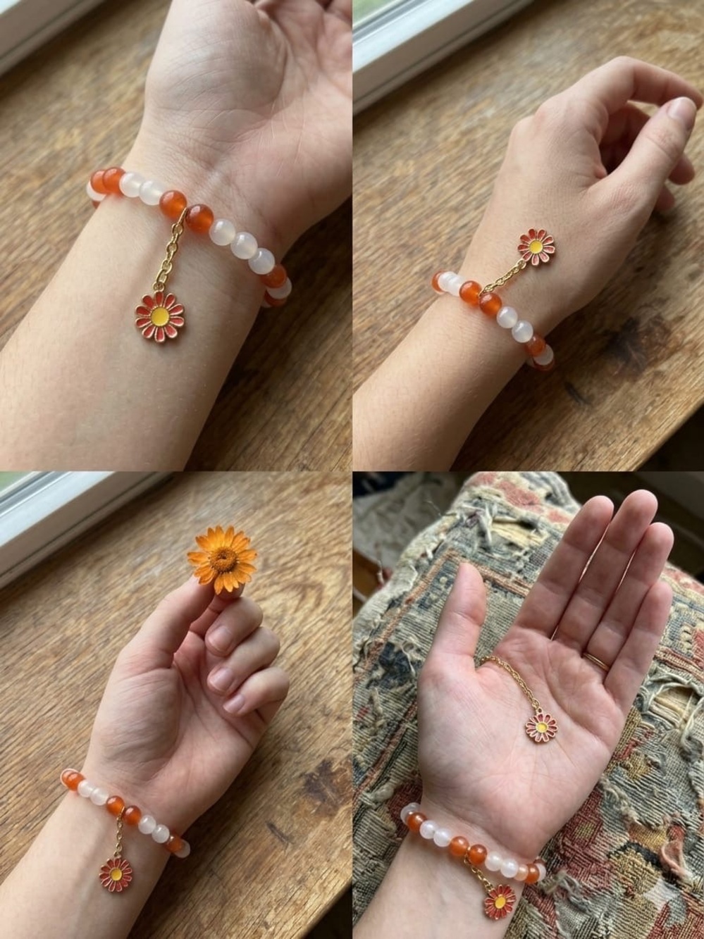 🌼 Handmade Beaded Stretch Bracelet | Orange & White Gemstone | Cottagecore Boho